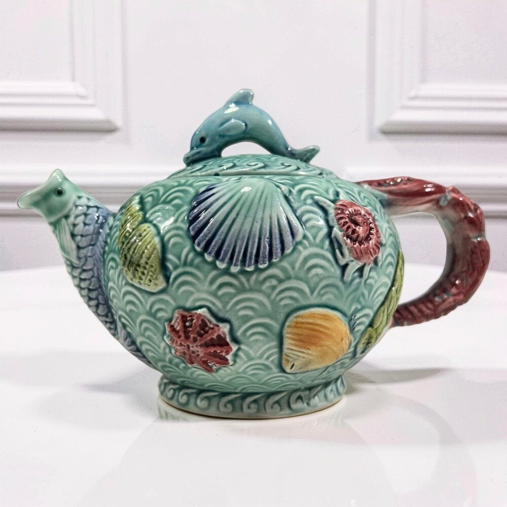 Vintage TAKAHASHI San Francisco Fish Sea Life Teapot, Hand Painted, Japan